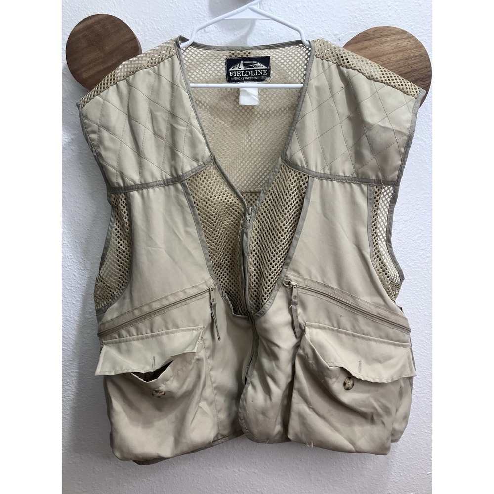 Fieldlne Fly Fishing Vest Men's XL Khak Pockets Zip Back Pocket Camping Outdoors